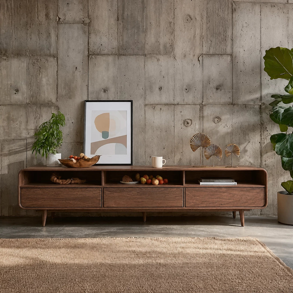 Scandinavian Natural Solid Wood TV Stand with Open Shelf Storage