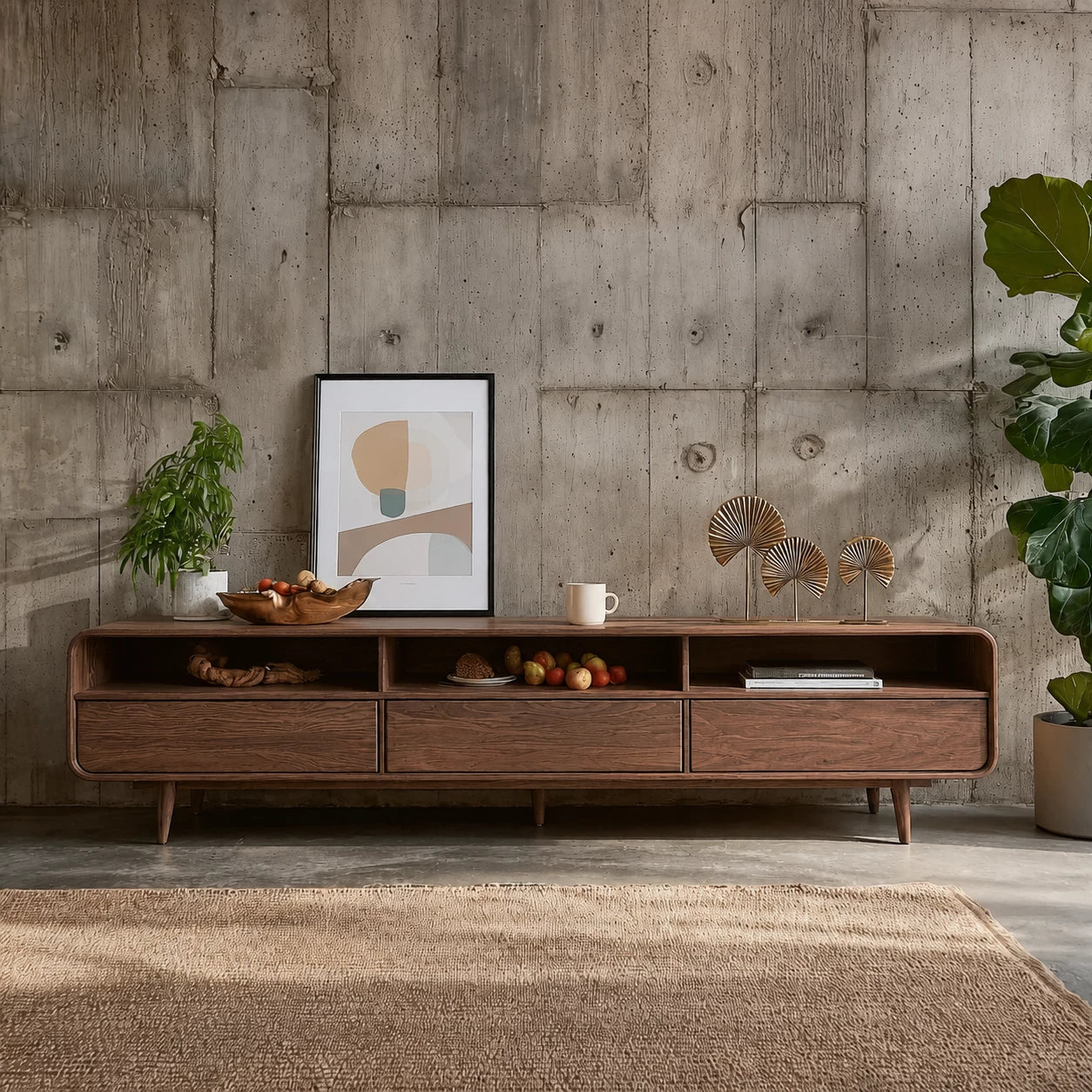 Scandinavian Natural Solid Wood TV Stand with Open Shelf Storage