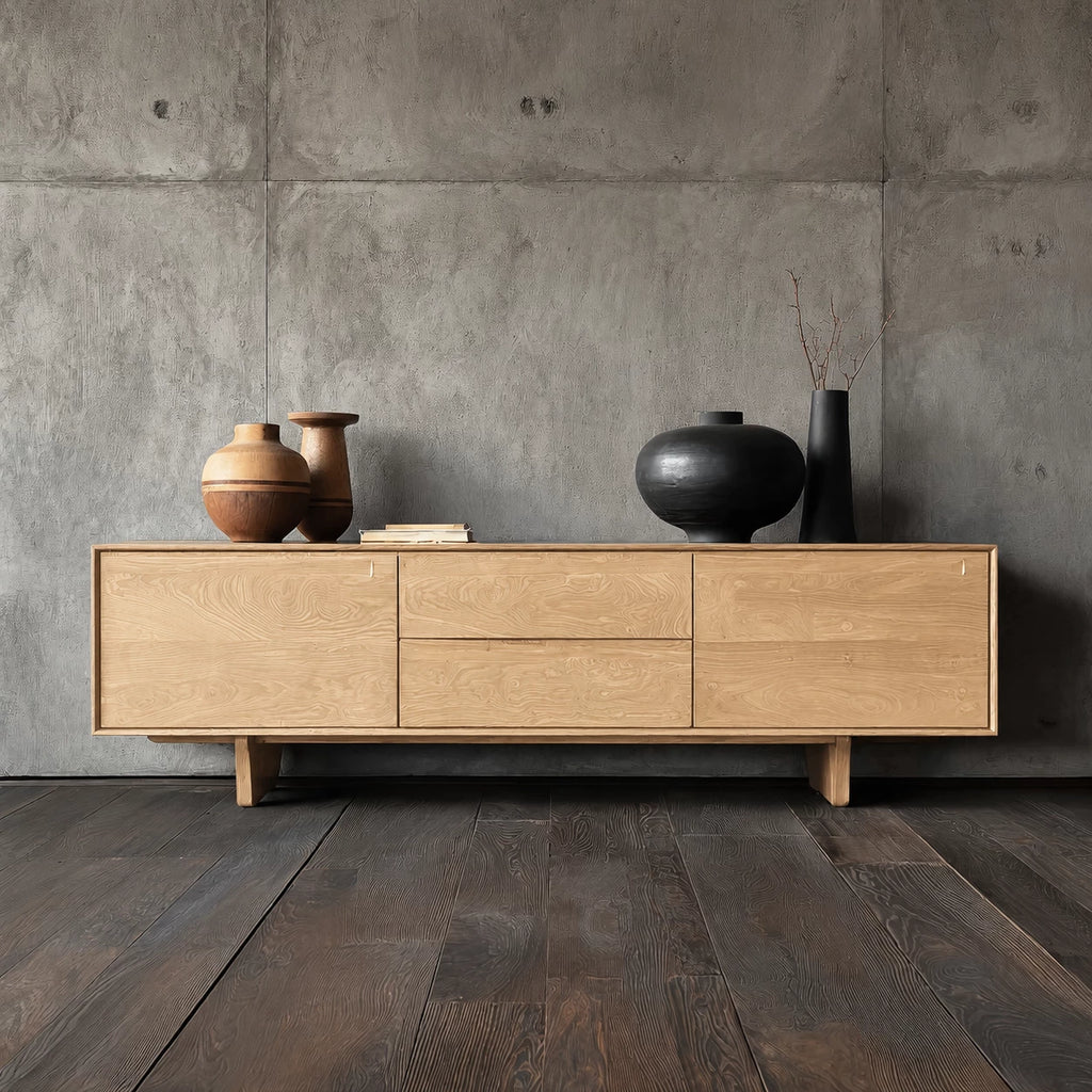 Minimalist Natural Solid Wood TV Stand with Drawer and Cabinet Storage