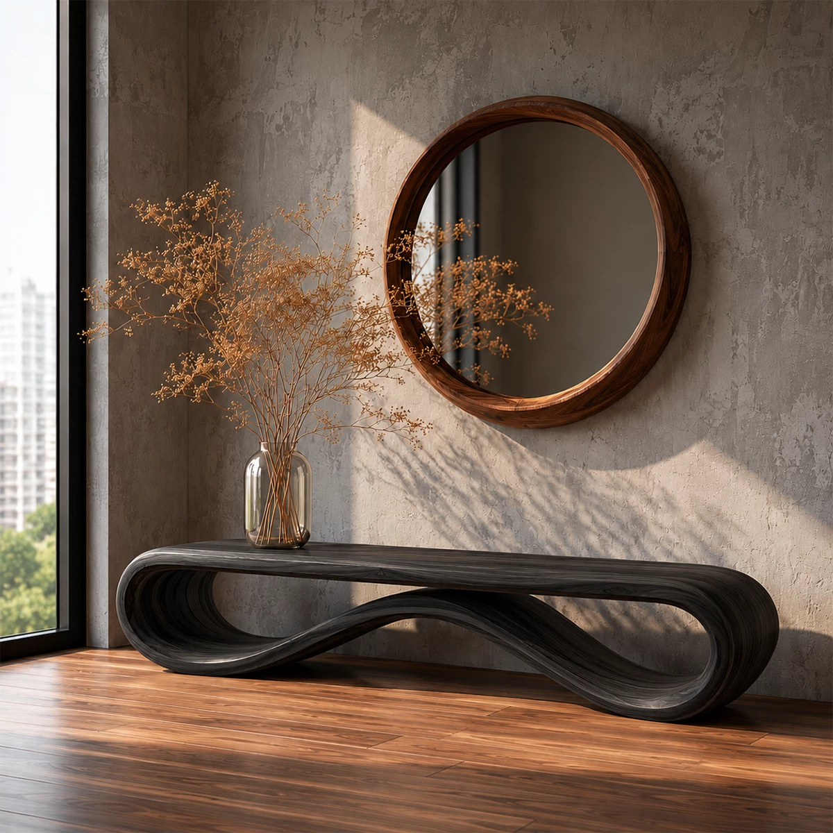 Sculptural Wave Wood Bench – Organic Natural Wood Entryway Bench for Modern Interior