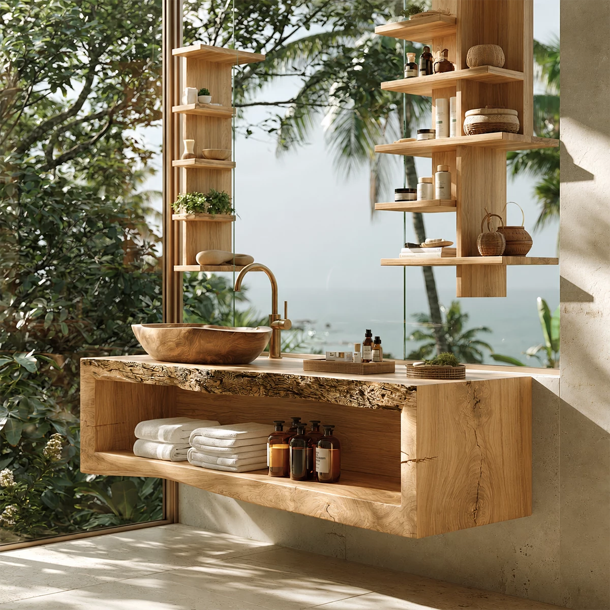 Natural Solid Wood Floating Bathroom Vanity with Full Width Open Shelf