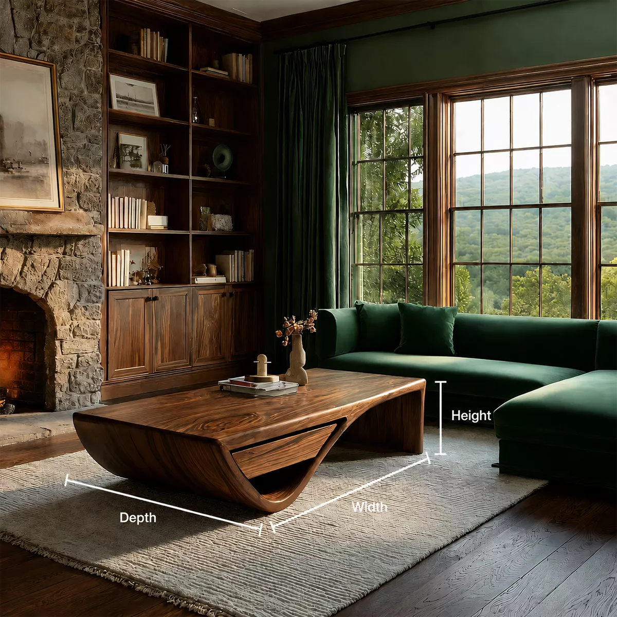 Sculptural Solid Wood Coffee Table With Hidden Storage Drawer And Curved Open Base For Modern Living Room
