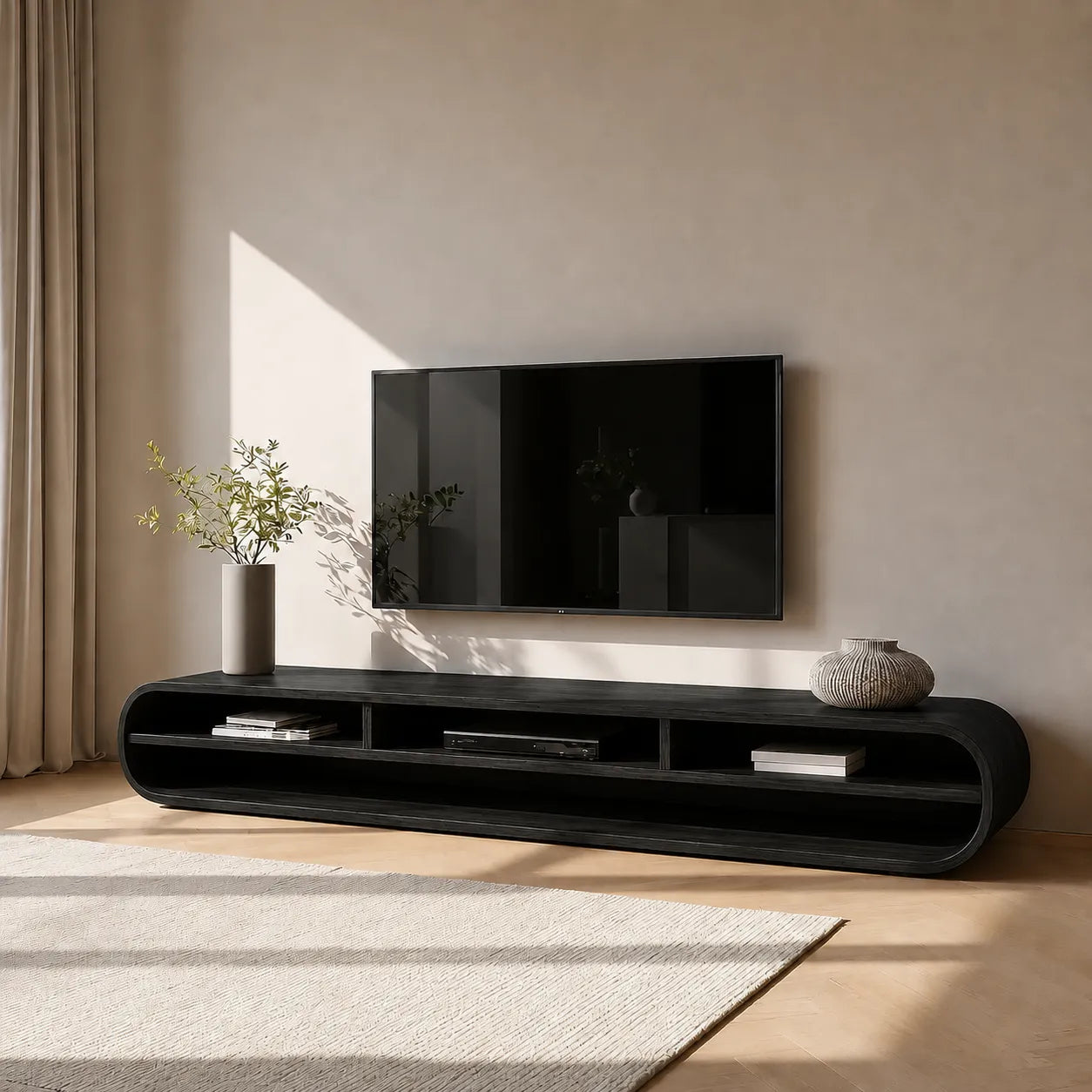 Capsule Natural Solid Wood TV Stand with Long Open Media Shelves