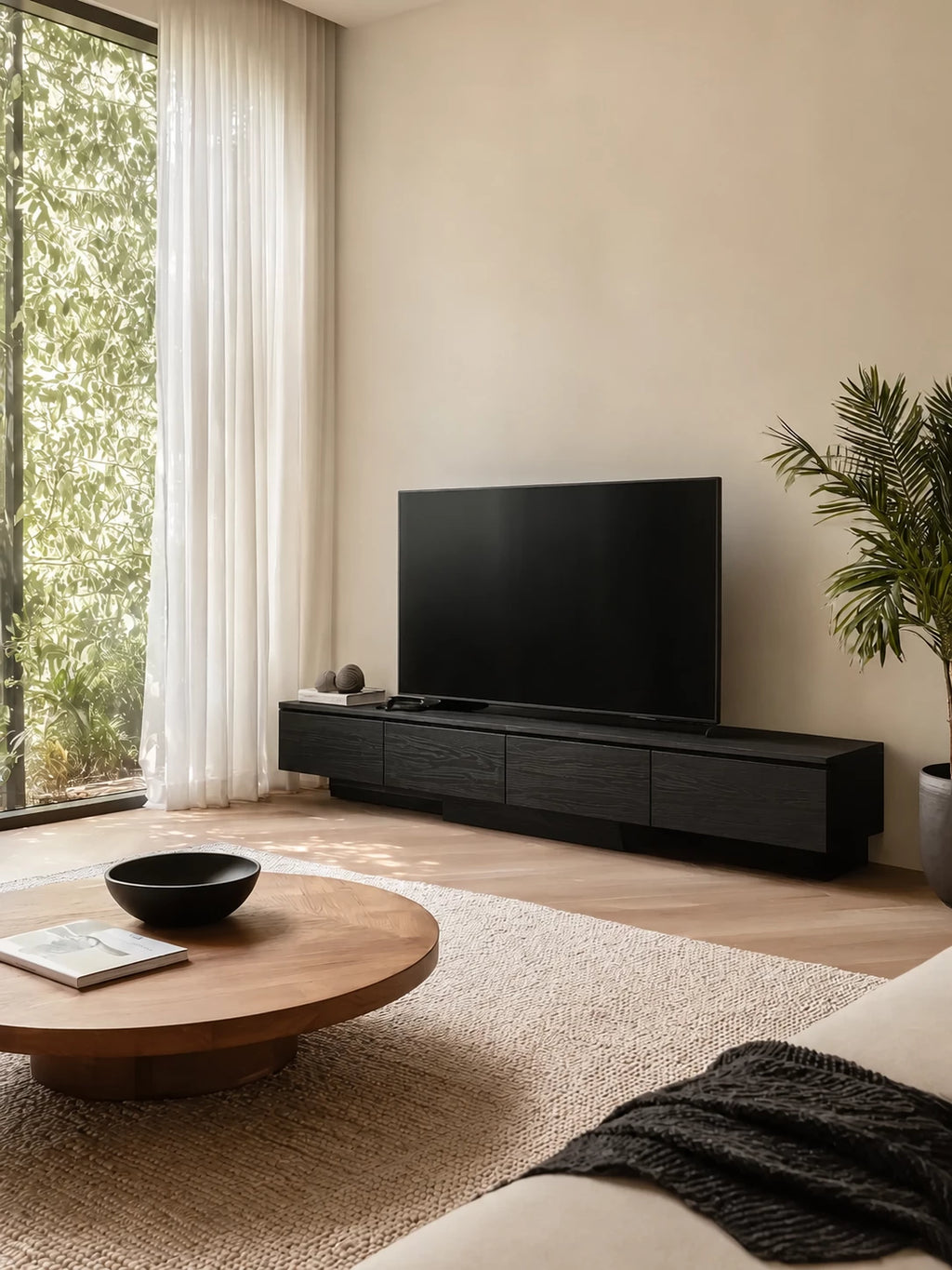 Floating Look Natural Solid Wood TV Stand with Four Door Storage Design