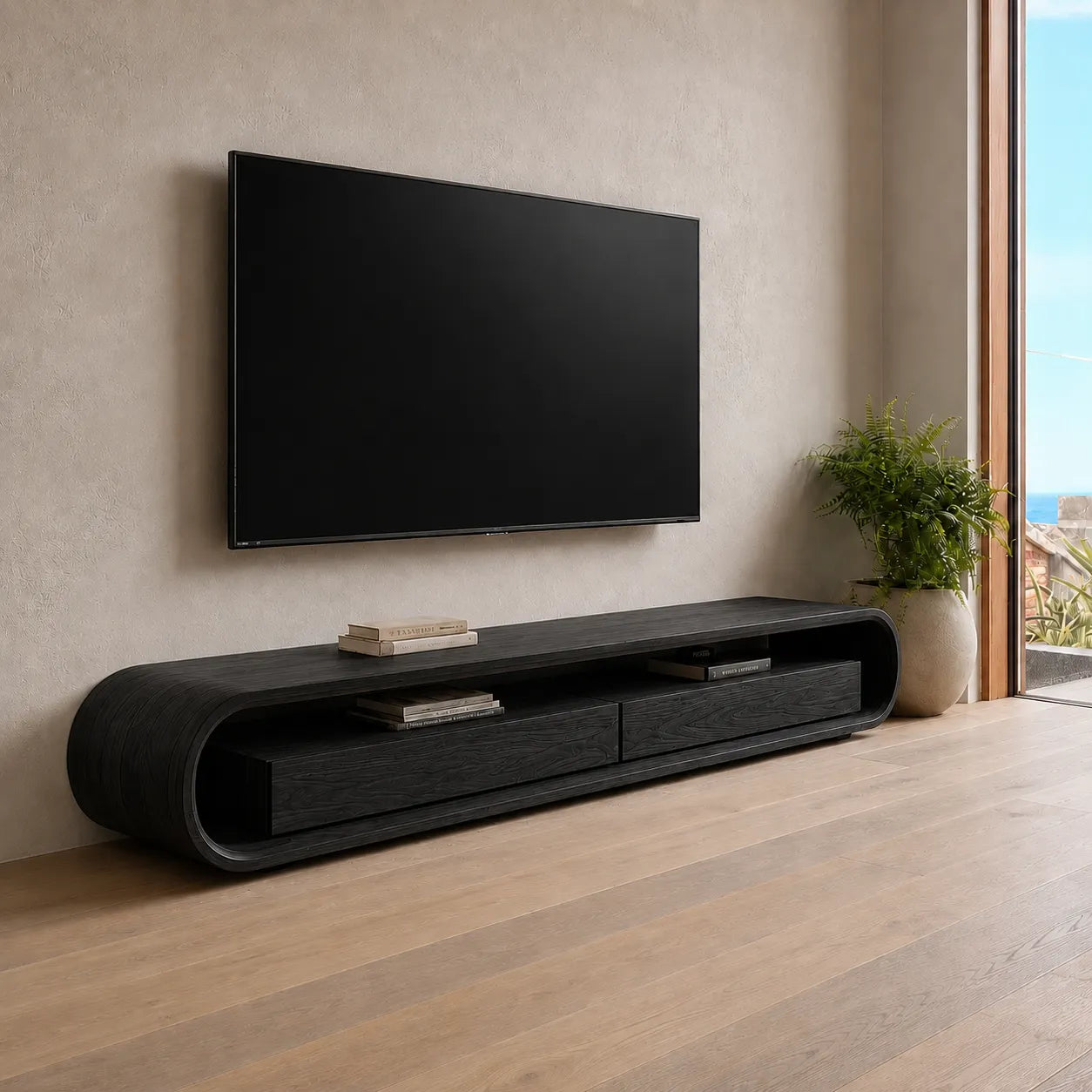 Capsule Natural Solid Wood TV Stand with Open Shelf Media Storage