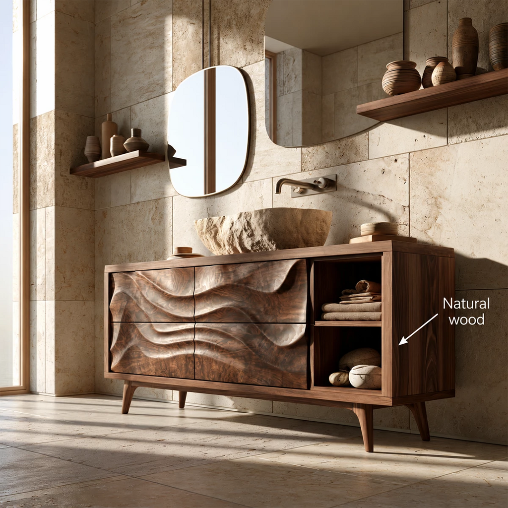 Natural Solid Wood Bathroom Vanity with Four Carved Drawers and Open Shelves