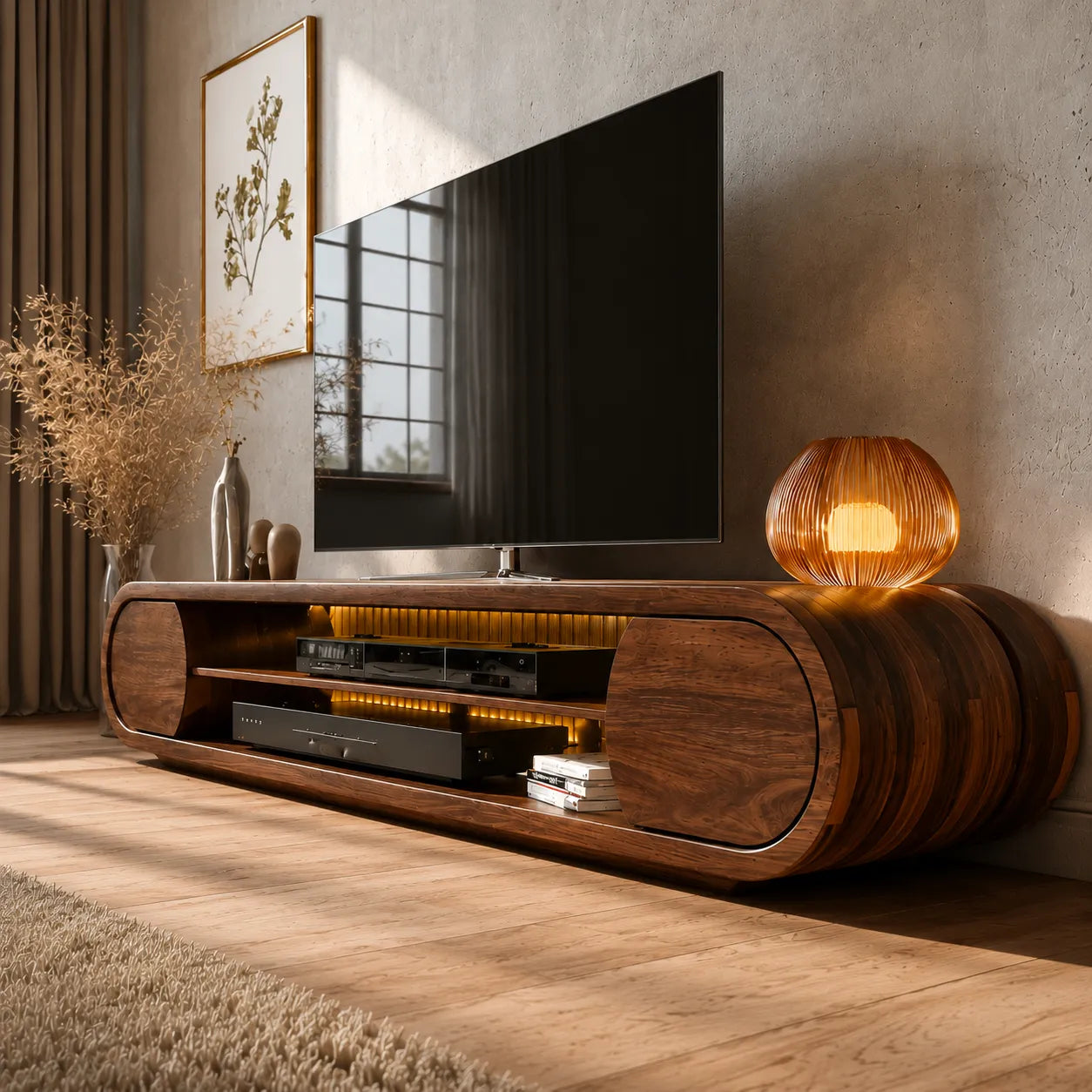 Rounded Modern TV Stand with Open Media Storage and Ambient Lighting