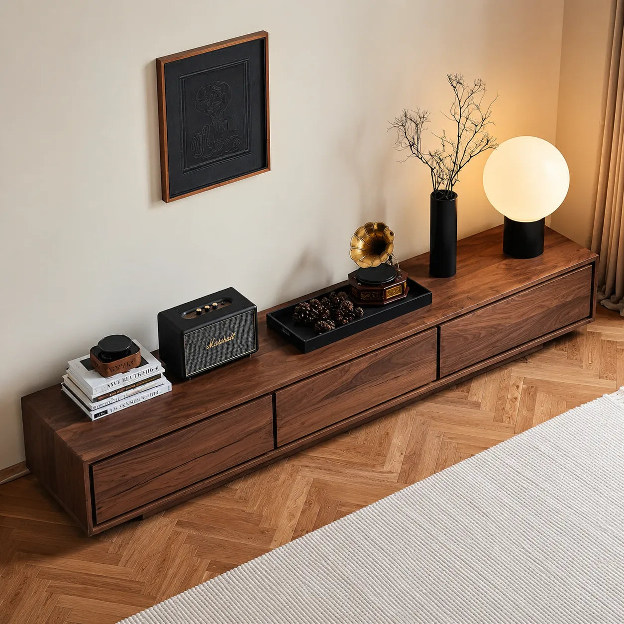 Contemporary Low Profile TV Stand with Seamless Storage Panels