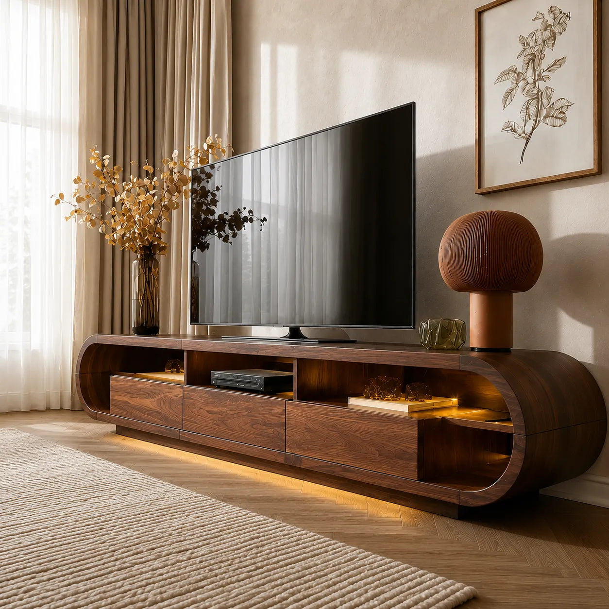 Rounded Edge TV Stand with Open Shelving and Drawer Storage Console