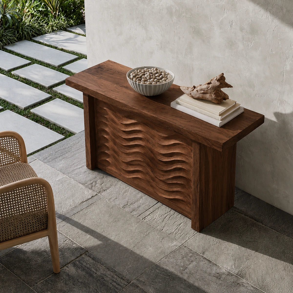 Wave Front Natural Solid Wood Sideboard Cabinet with Hidden Storage