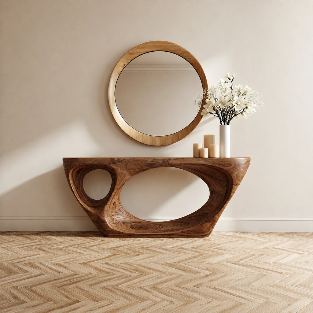 Organic Void Natural Solid Wood Console Table with Sculptural Open Base