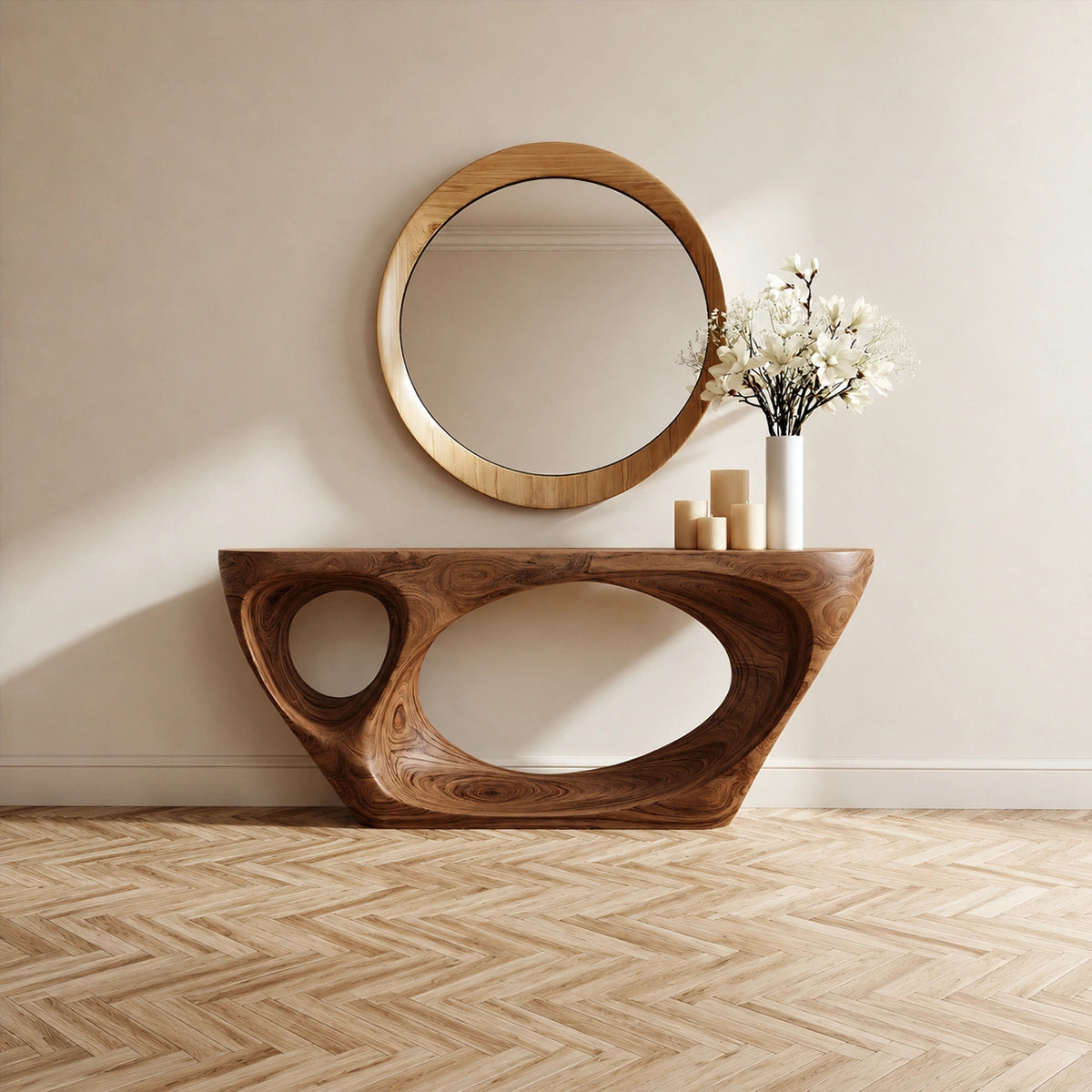 Organic Void Natural Solid Wood Console Table with Sculptural Open Base