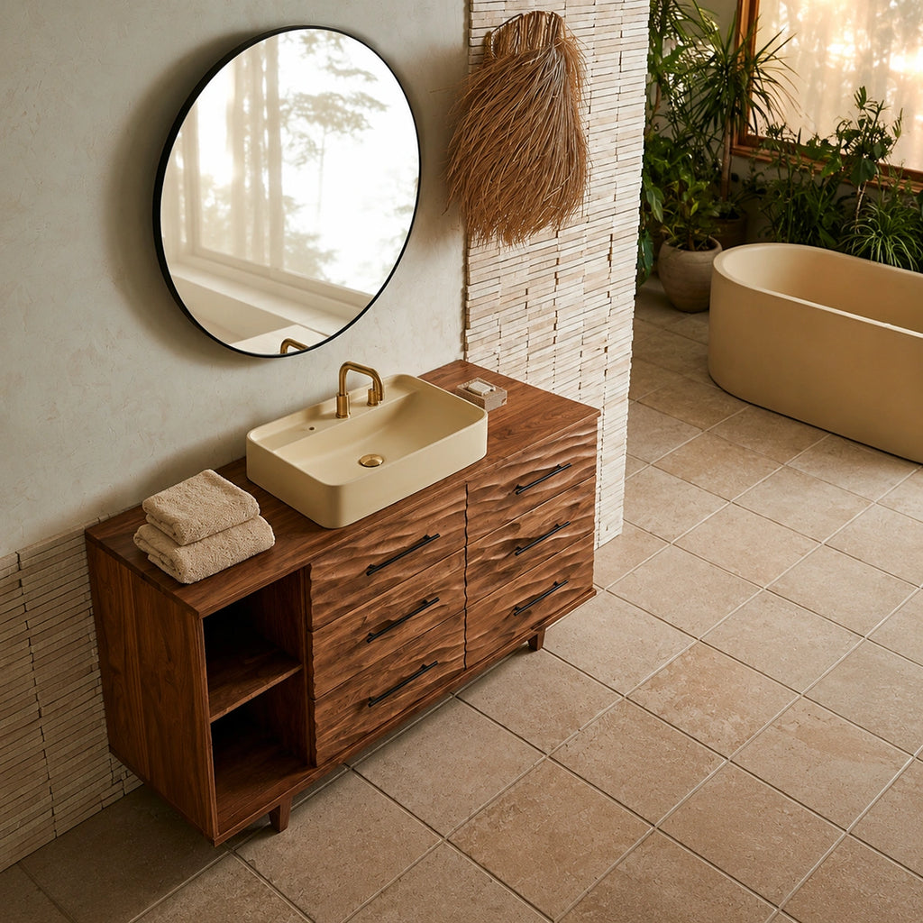 Natural Solid Wood Bathroom Vanity with 6 Drawers and Side Open Shelves