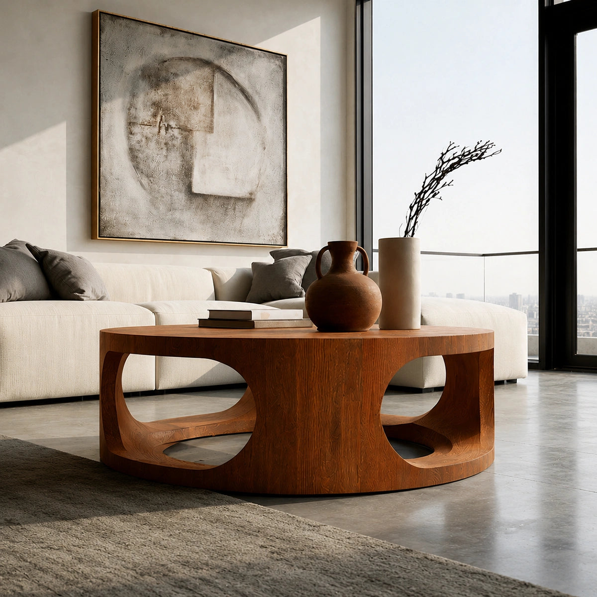 Natural Solid Wood Round Coffee Table – Sculptural Modern Style