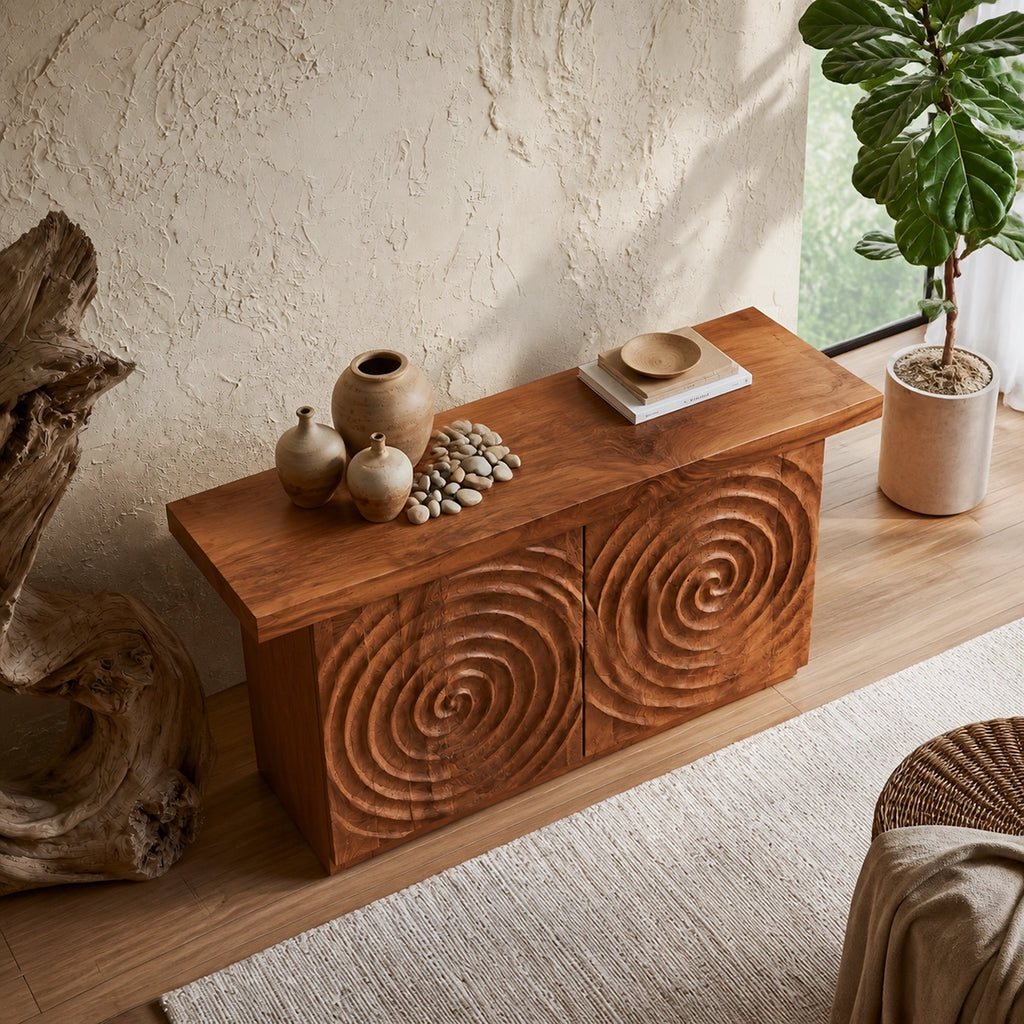 Spiral Carved Natural Solid Wood Sideboard Cabinet with Concealed Storage
