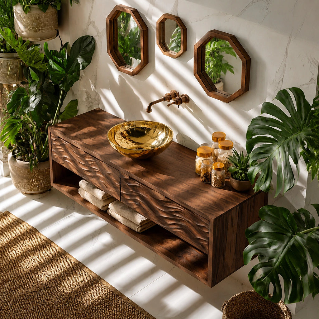 Natural Solid Wood Floating Bathroom Vanity with 2 Drawers and Open Shelf