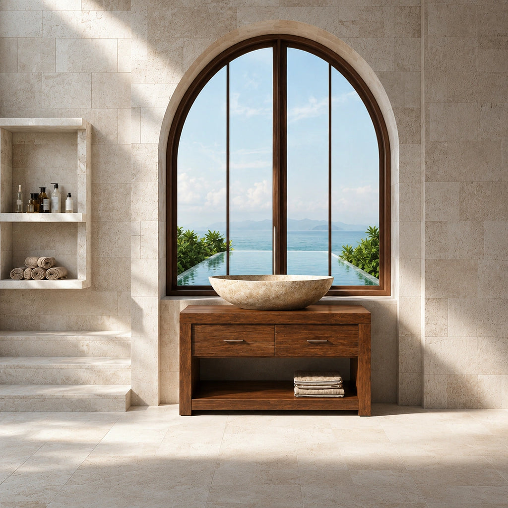 Natural Solid Wood Bathroom Vanity with 2 Drawers and Open Shelf