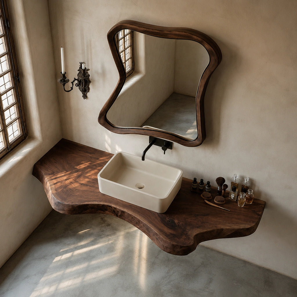 Natural Solid Wood Floating Bathroom Vanity with Sculptural Live Edge