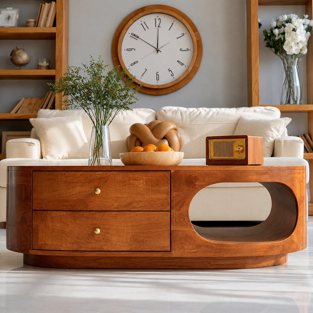 Natural Solid Wood Coffee Table with Drawers – Rounded Modern Style