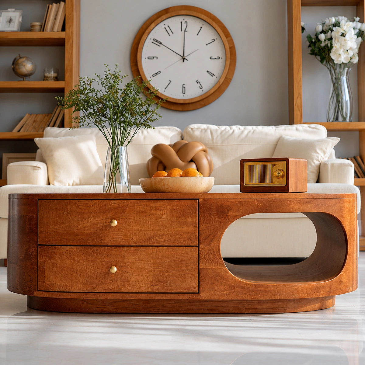 Natural Solid Wood Coffee Table with Drawers – Rounded Modern Style