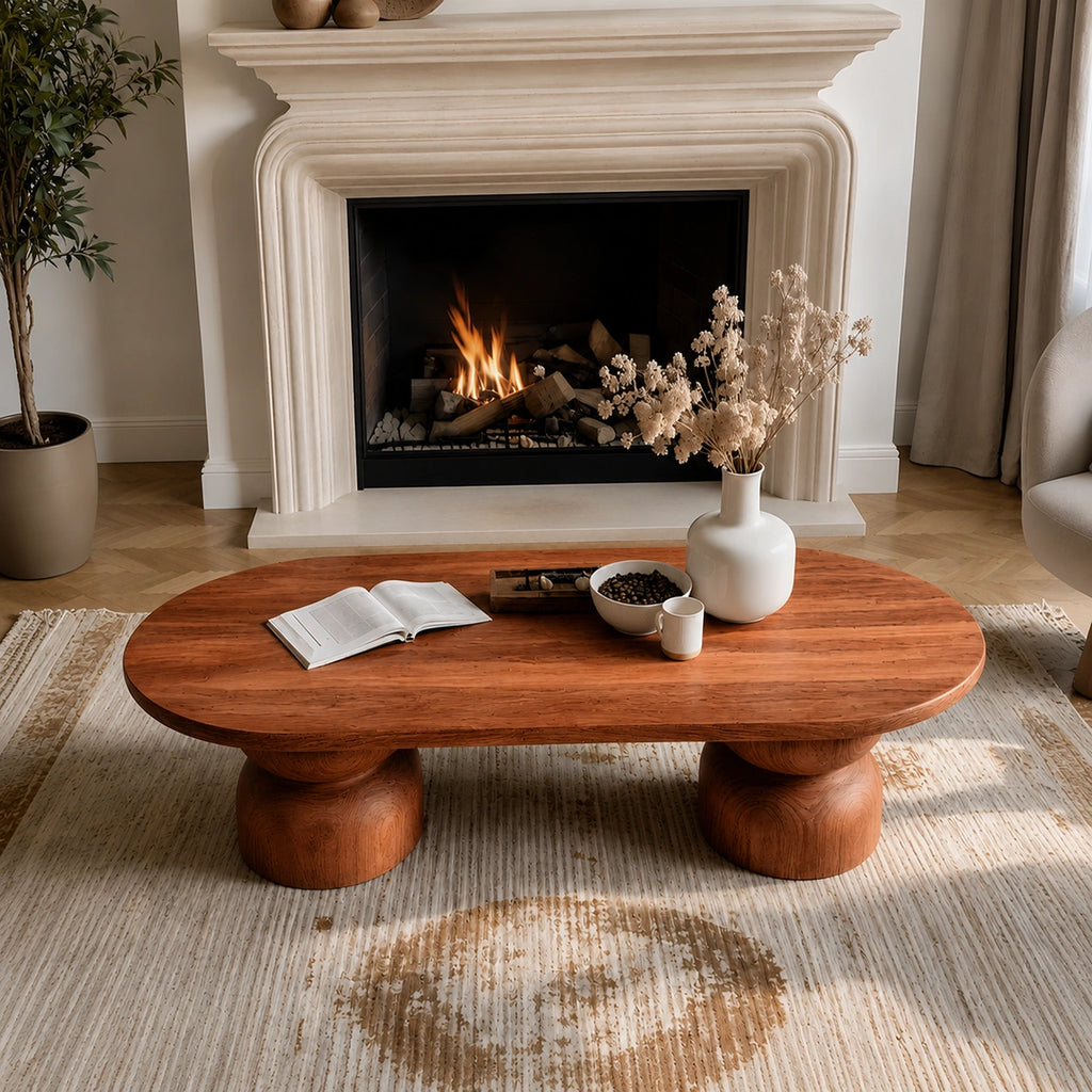 Natural Solid Wood Oval Coffee Table with Sculptural Hourglass Pedestal Legs