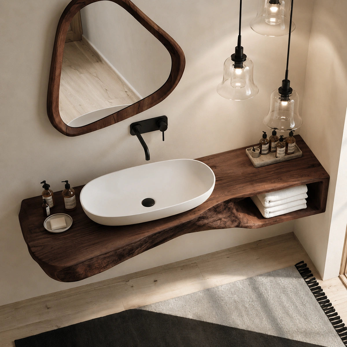 Natural Solid Wood Floating Bathroom Vanity with Open Towel Shelf