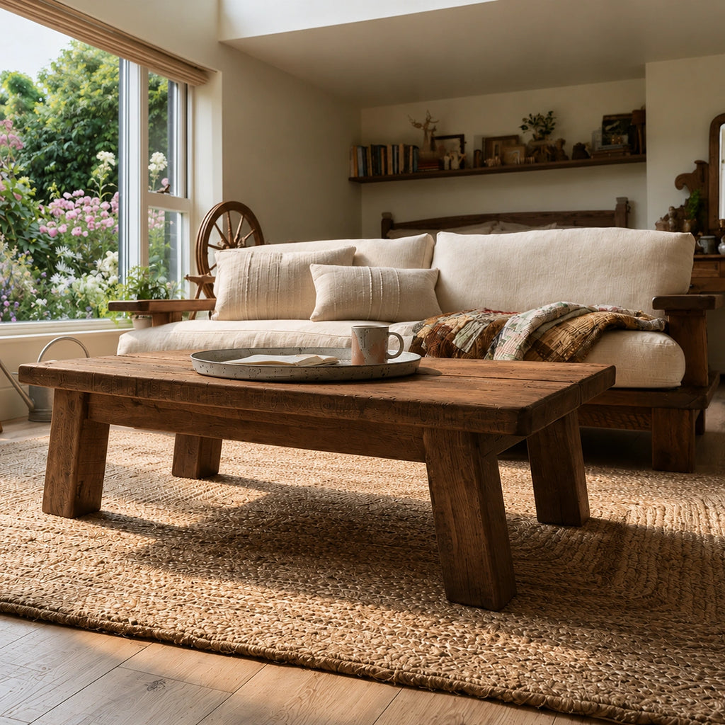 Natural Solid Wood Coffee Table – Rustic Farmhouse Style