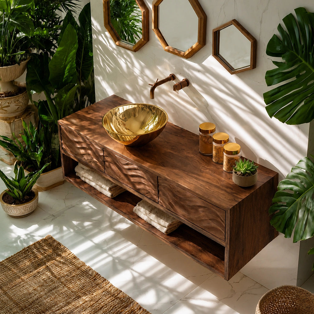 Natural Solid Wood Floating Bathroom Vanity with 3 Drawers and Open Shelf