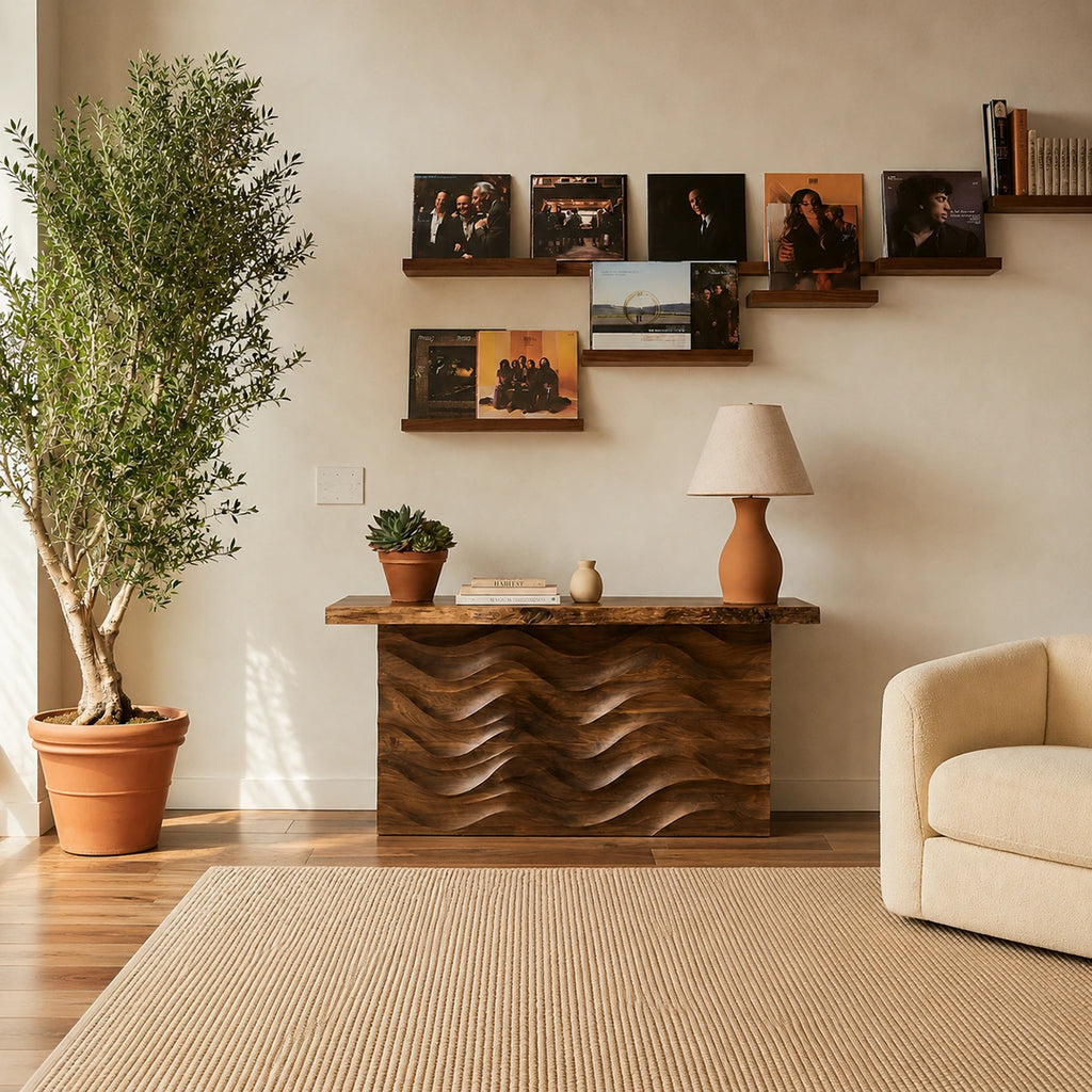Wave Front Natural Solid Wood Sideboard Cabinet with Concealed Storage