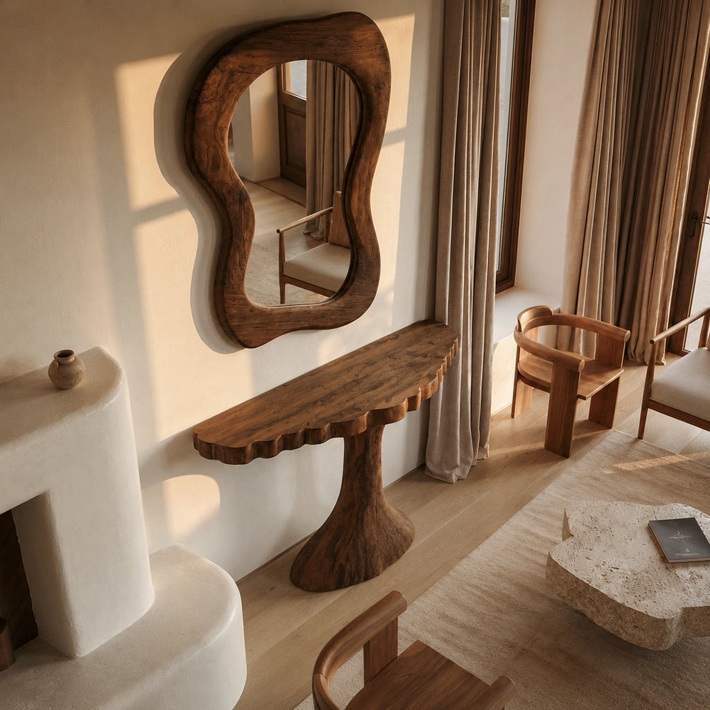 Pedestal Natural Solid Wood Console Table with Sculpted Edge