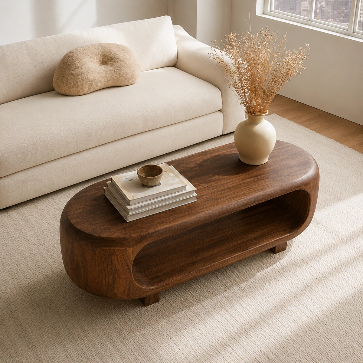 Natural Solid Wood Coffee Table – Rounded Japandi Modern Style