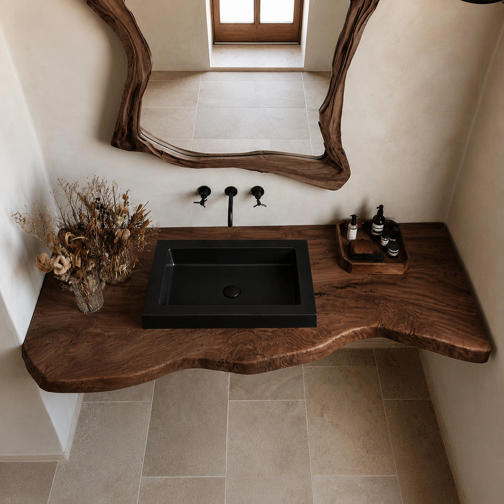 Natural Solid Wood Floating Bathroom Vanity with Hand Sculpted Live Edge