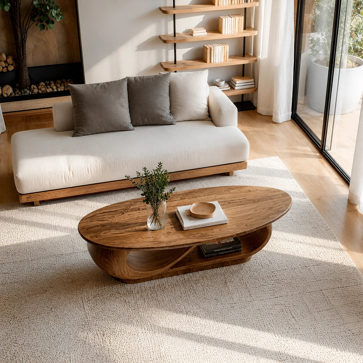 Natural Solid Wood Oval Coffee Table with Sculptural Loop Base and Lower Shelf