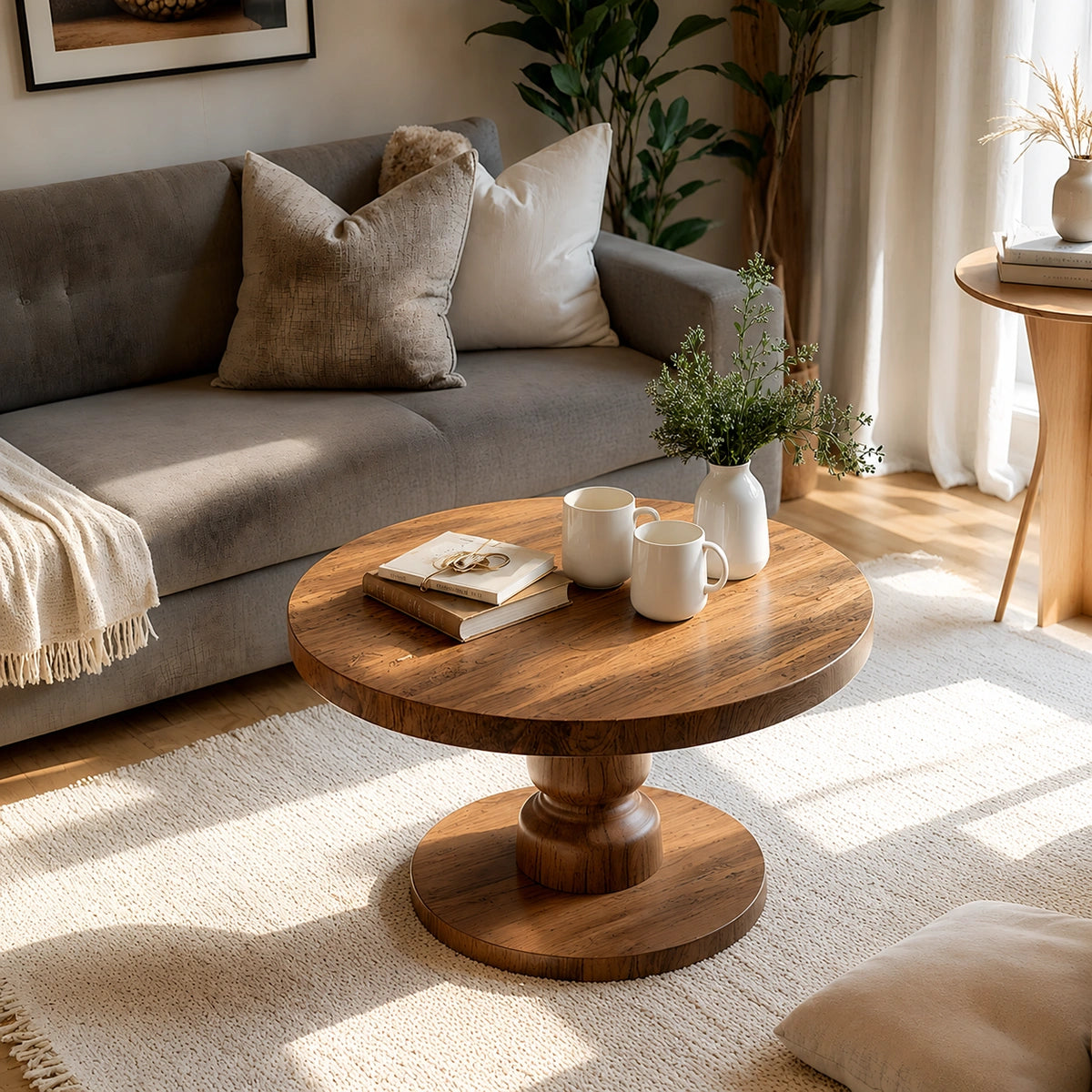 Natural Solid Wood Round Coffee Table – Sculptural Pedestal Style