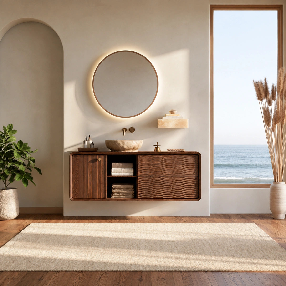 Natural Solid Wood Floating Bathroom Vanity with Door, Shelves and 2 Drawers