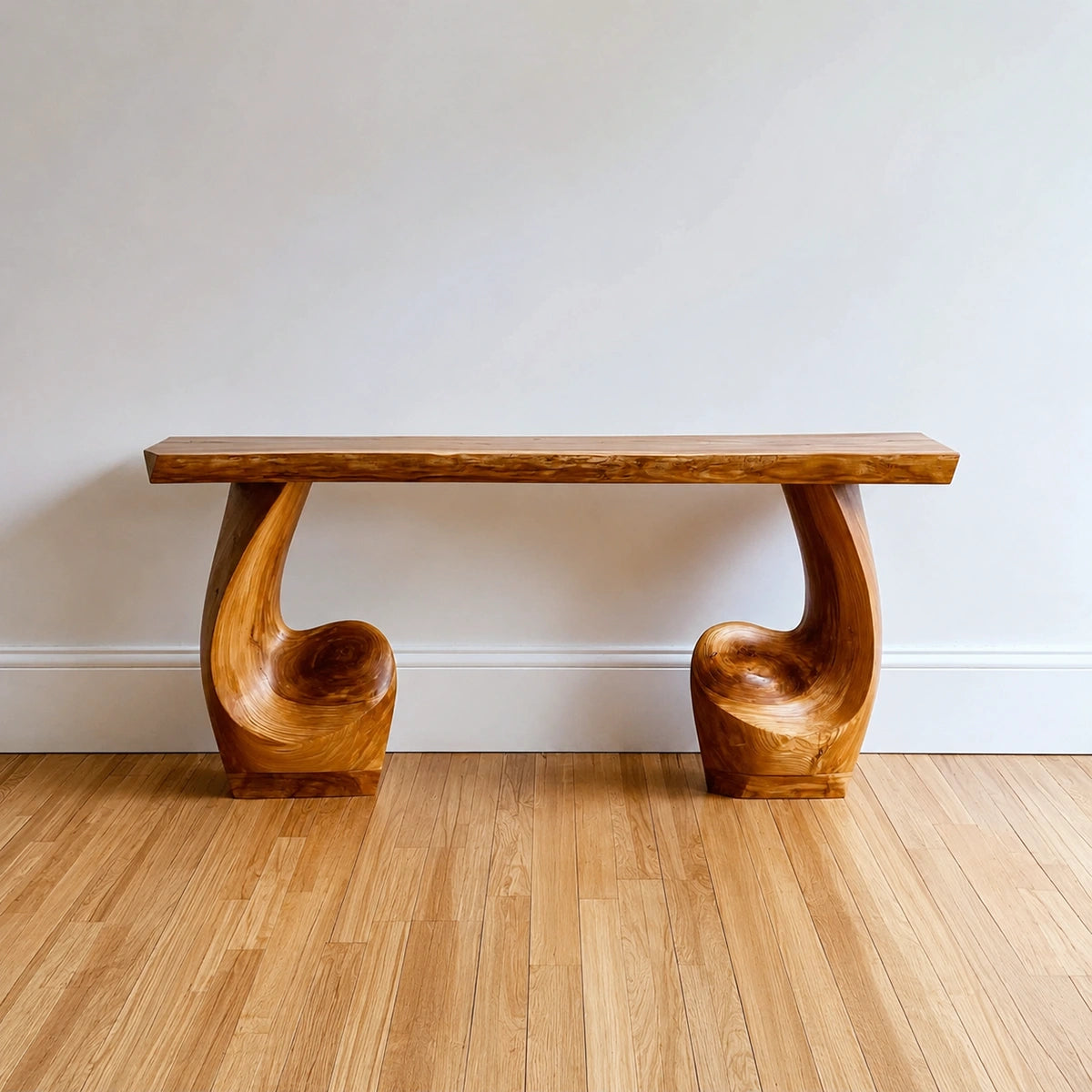 Live Edge Natural Solid Wood Console Table with Sculptural Carved Pedestal Base