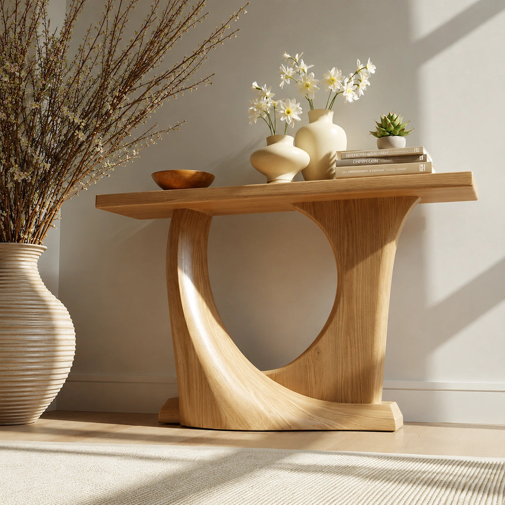 Natural Solid Wood Console Table with Sculptural Circle Base