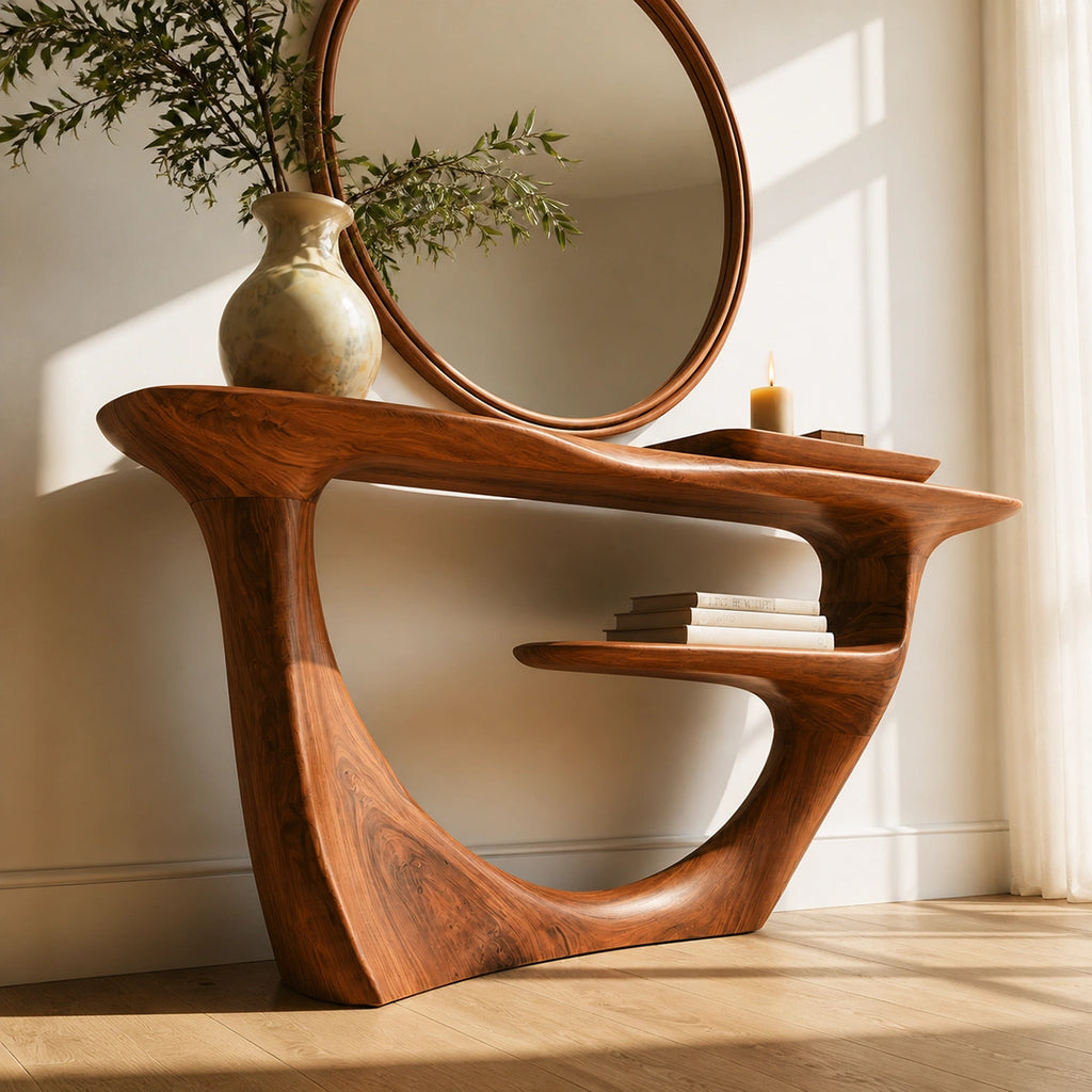 Sculptural Natural Solid Wood Console Table with Integrated Display Shelf