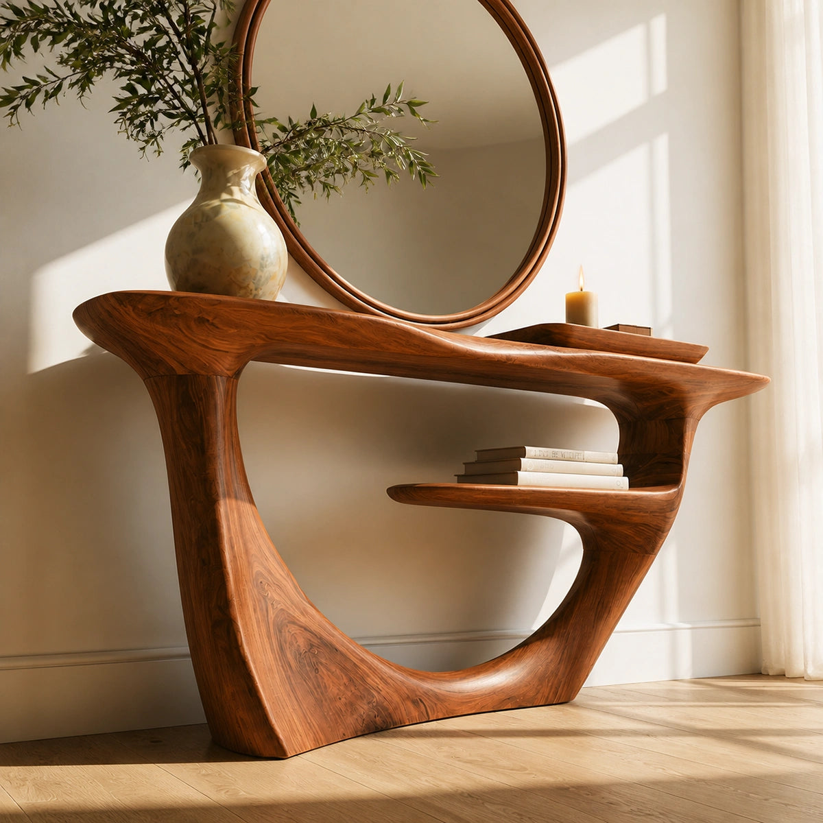 Sculptural Natural Solid Wood Console Table with Integrated Display Shelf