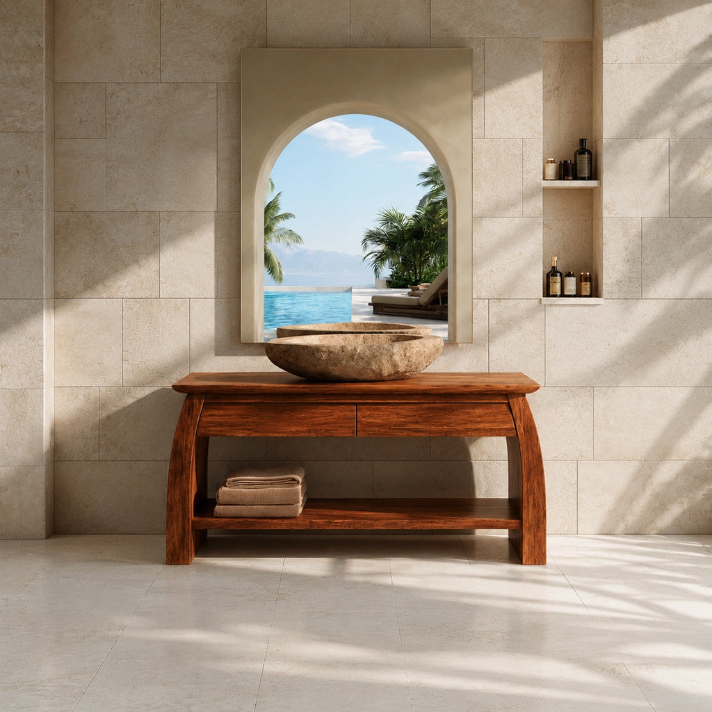 Natural Solid Wood Double Bathroom Vanity with 2 Drawers and Open Shelf