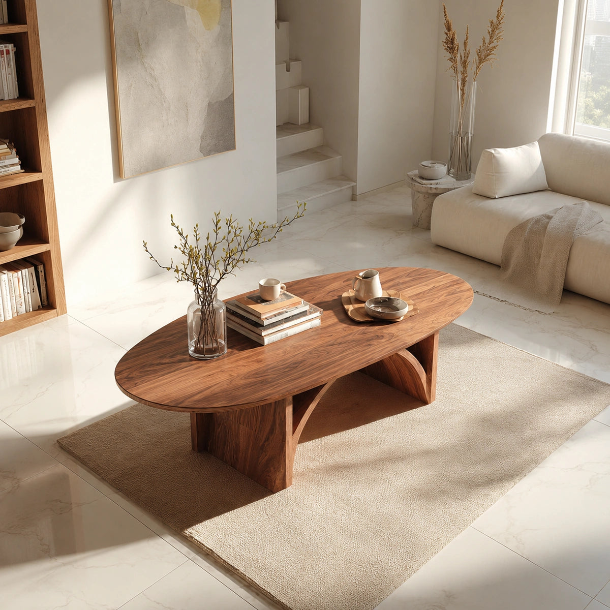 Natural Solid Wood Oval Coffee Table with Sculptural Arch Base