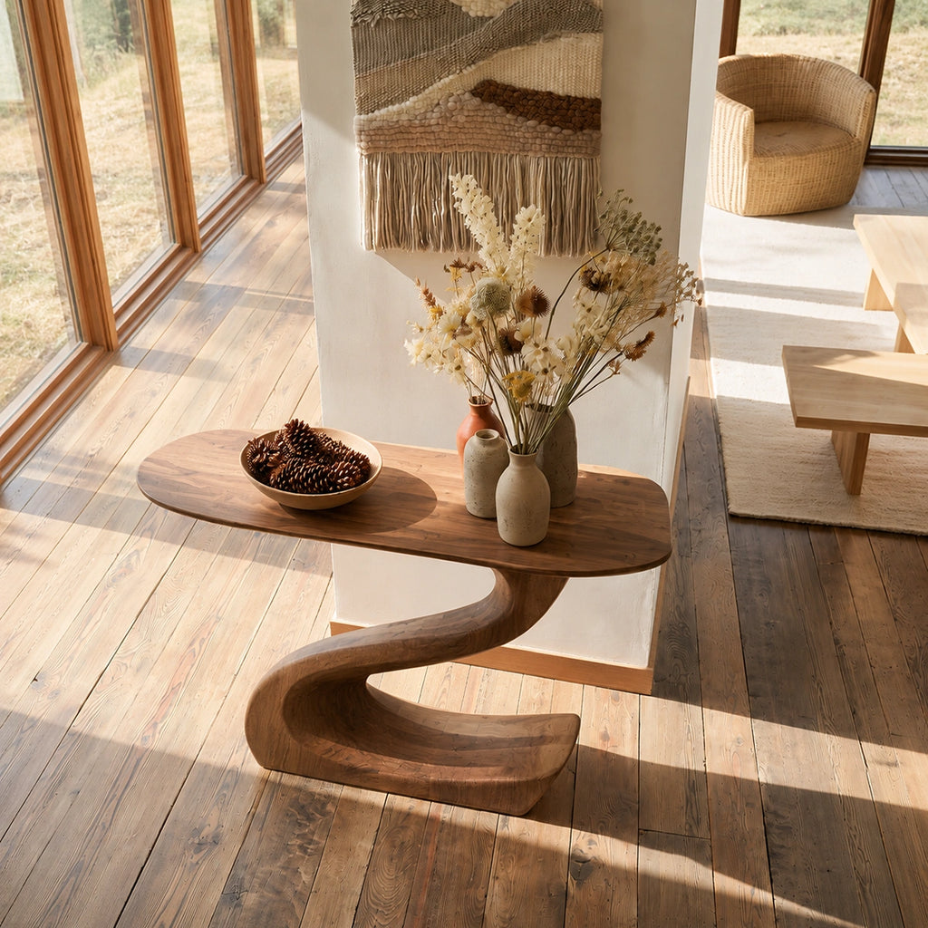 Sculptural Natural Solid Wood Console Table with Flowing S Curve Base