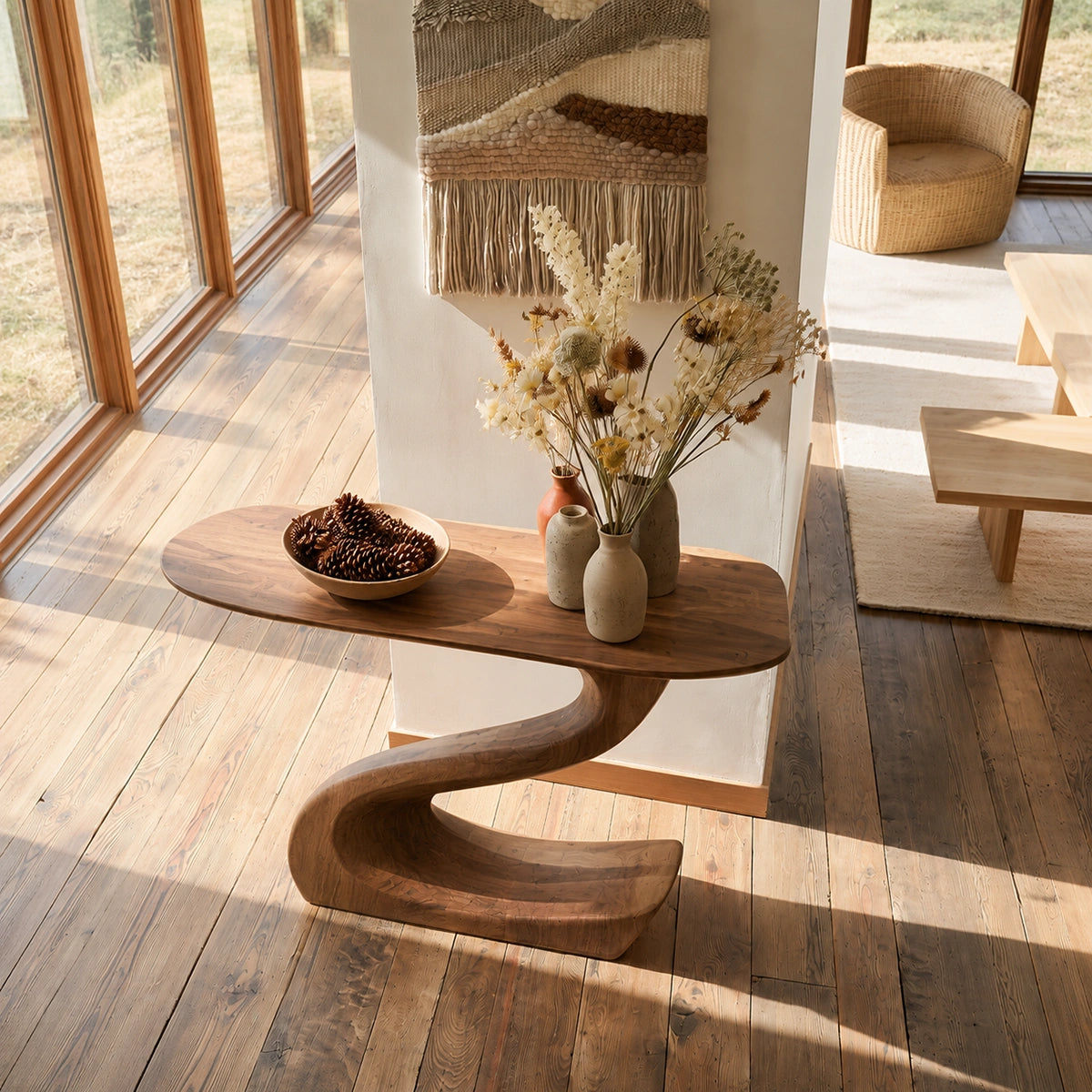 Sculptural Natural Solid Wood Console Table with Flowing S Curve Base