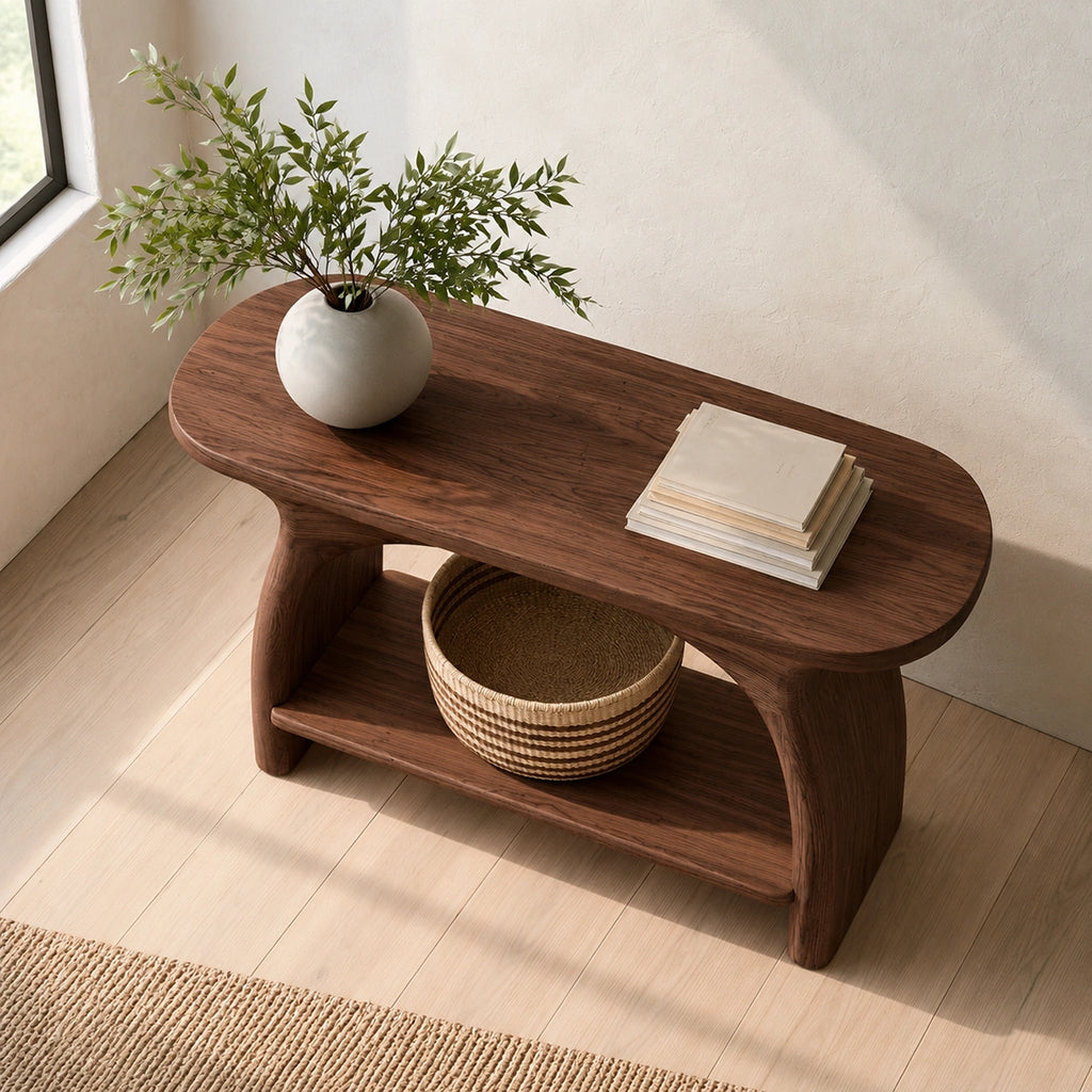 Natural Solid Wood Console Table with Sculptural Arch Base and Open Shelf