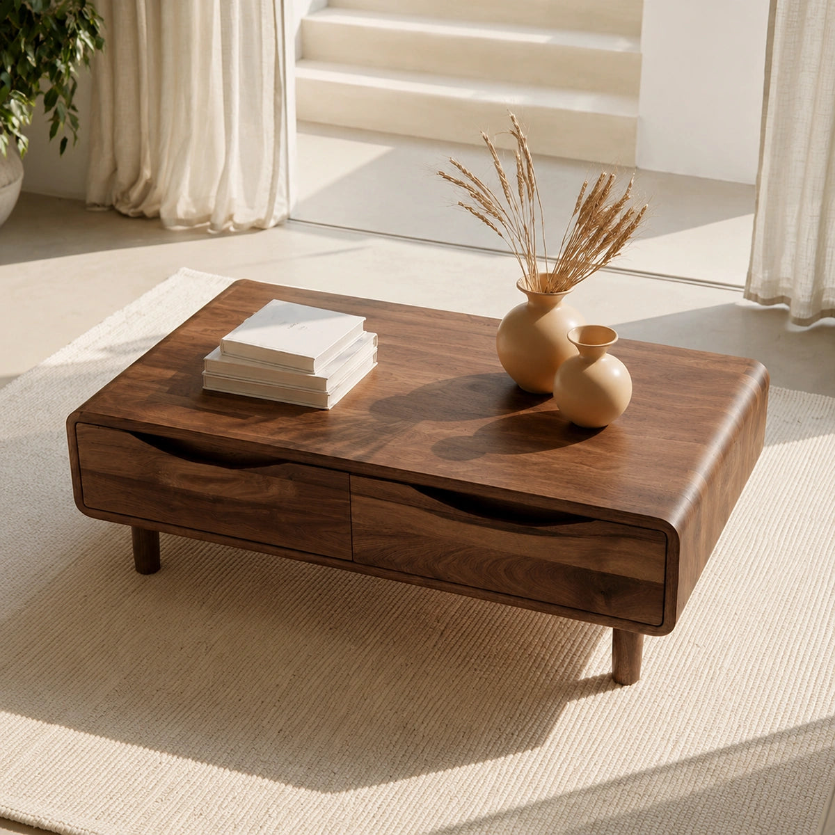 Rounded Natural Solid Wood Coffee Table with Two Storage Drawers