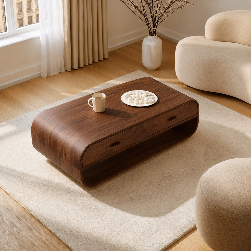 Natural Solid Wood Coffee Table with 2 Drawers – Rounded Modern Style