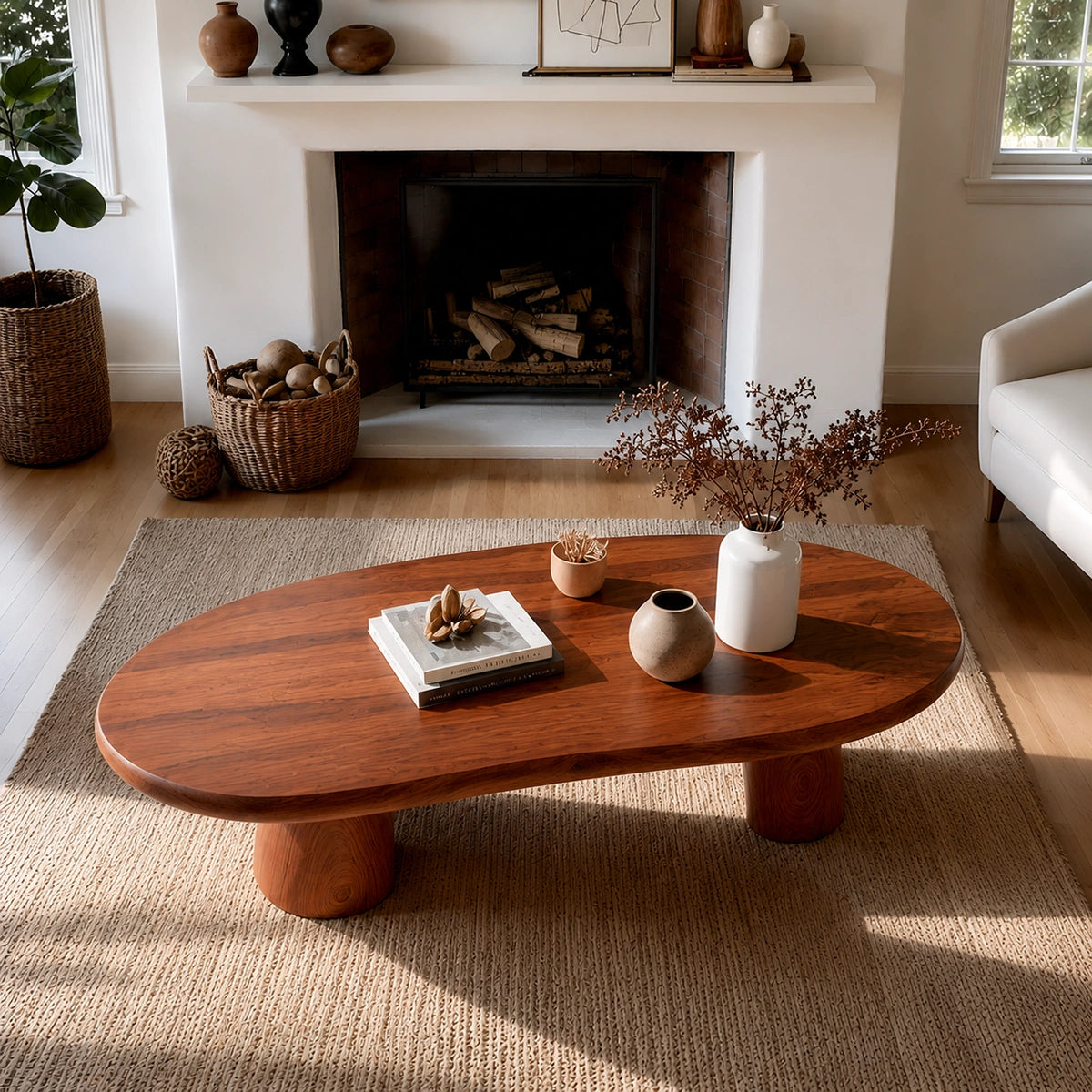 Natural Solid Wood Oval Coffee Table with Four Sculptural Legs