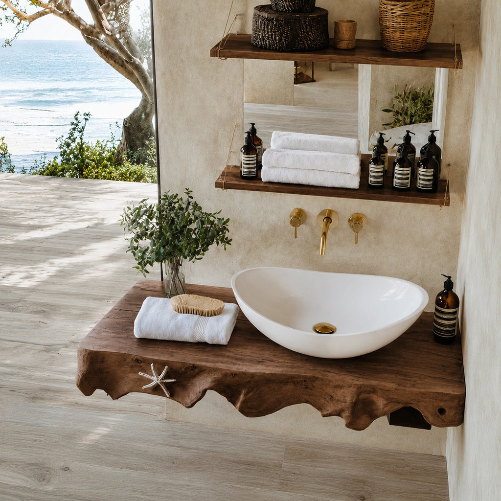 Natural Solid Wood Floating Bathroom Vanity with Sculptural Root Edge Slab
