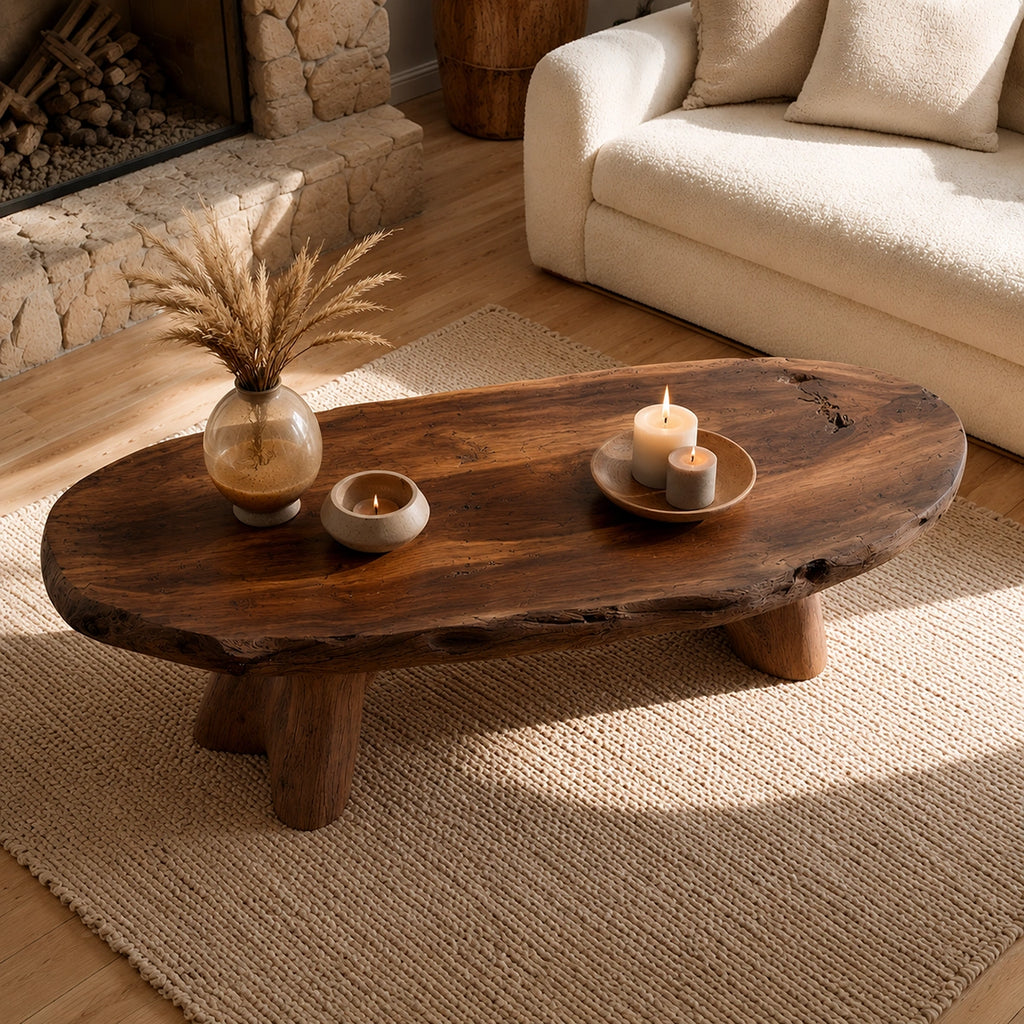 Natural Solid Wood Live Edge Coffee Table with Sculptural Branch Base