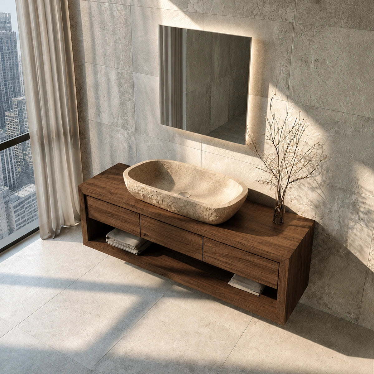 Natural Solid Wood Floating Bathroom Vanity with 3 Drawers and Open Shelf